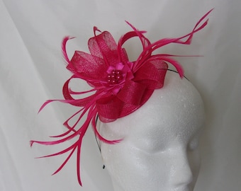 Raspberry Pink Fascinator - Amaranth Cerise Sinamay Loop Feather & Pearl Wedding Fascinator Mini Hat Ascot - Made to Order