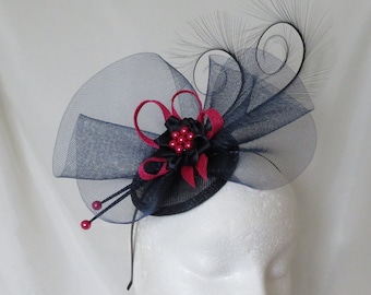 Navy Blue and Cerise Raspberry Pink Fascinator - Curl Feather Crinoline Fuchsia Bow Wedding Fascinator Mini Hat Ascot Derby - Made to Order