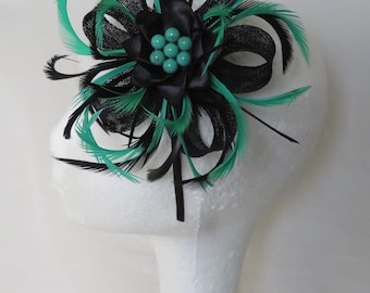 Black and Emerald Jade Green Sinamay Loop Feather Clip Fascinator Mini Hat Headpiece Bag Wedding Races - Made to Order