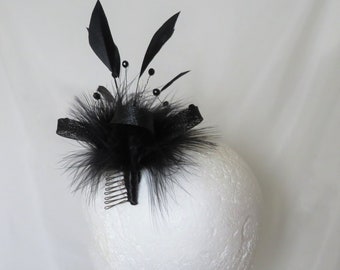 Black Feather Fascinator Small and Dainty  Sinamay Loop Fluff Feather Hair Comb Band Vintage Regency Wedding - Made to Order