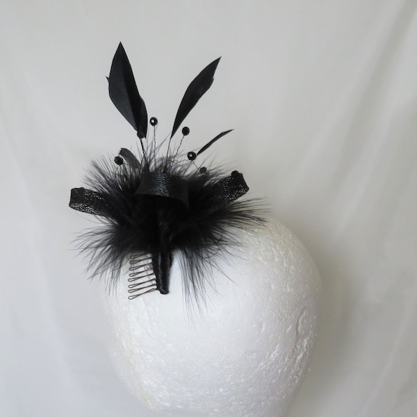 Black Feather Fascinator Small and Dainty  Sinamay Loop Fluff Feather Hair Comb Band Vintage Regency Wedding - Made to Order