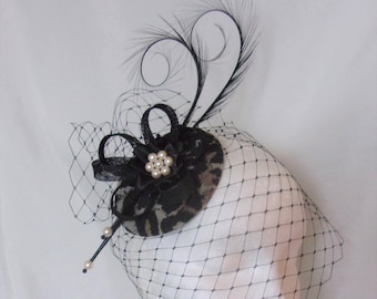 Leopard Print & Black Veil Fascinator  Pheasant Curl Feathers Retro Vintage Wedding Percher Fascinator Mini Hat - Made to Order