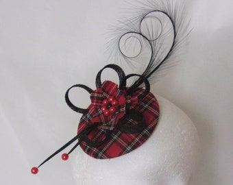 Red and Black Royal Stewart Tartan Fascinator Curl Feathers and Sinamay Highlands Wedding Ceilidh - Made to Order