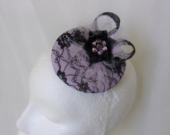 Lavender Lilac and Black Lace Cocktail Percher Hat Fascinator Feathers Crystals Mini Headpiece - Wedding Vintage - Ready Made