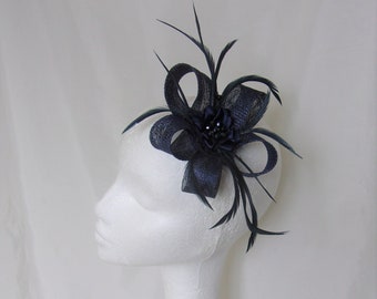 Navy Blue Feather Fascinator Sinamay Loop and Crystal Mini Hair Clip Wedding Headpiece Races Midnight Blue - Made to Order