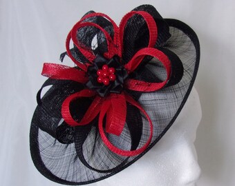 Black and Cherry Red Hat - Sinamay Loops & Pearls Scarlet Saucer Fascinator Formal Wedding Derby Ascot -  Made to Order