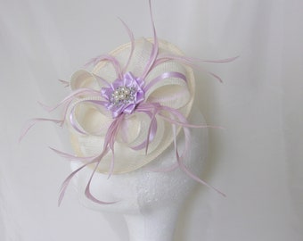 Ivory & Lavender Lilac Hat Pretty Cream Summer Ladies Feather and Sinamay Saucer Fascinator - Wedding Made to Order