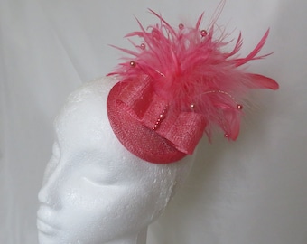 Coral Feather and Sinamay Percher Fascinator Hat Flamingo Salmon Pink Handmade Wedding Ladies Day Races Hatinator - Ready Made