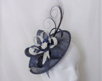 Navy and Ivory Fascinator Sinamay Loops Curl Feathers & Pearl Detail Hat- Made to Order - Royal Ascot -Derby - Made to Order