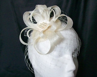 Ivory Sinamay Fascinator Loops and Blusher Veil Bridal Fascinator Mini Hat Headpiece  - Made to Order