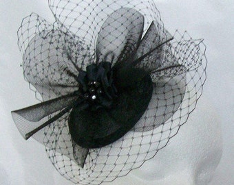 Black Vintage Fascinator - Elegant Blusher Veil Crinoline Bow & Rhinestone Pearl Sinamay Wedding Gothic Funeral Mini Hat Made to Order