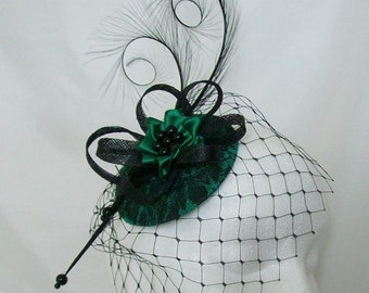 Emerald Green Lace and Black Fascinator Mini Hat Pheasant Curl Feathers Sinamay and Pearls Ascot Derby - Made To Order