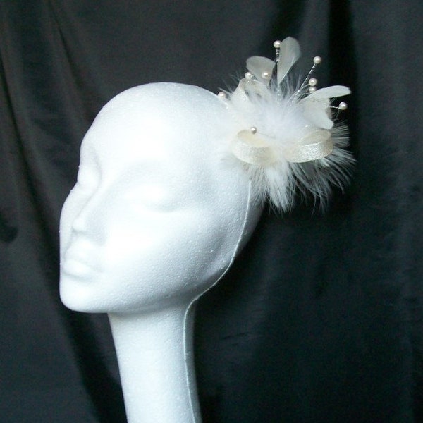 Ivory Cream Feather Fascinator - Small Sinamay Feather & Pearl Crystal Vintage Regency Fascinator Hair Comb Band Bridal - Made to Order