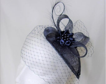 Navy Blue Fascinator Veiled Vintage Style Curl Feather & Crystal Teardrop Percher Mini Hat Headpiece Wedding Ascot - Made To Order