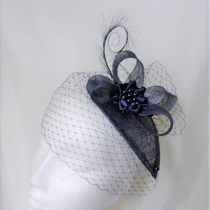 Navy Blue Fascinator Veiled Vintage Style Curl Feather & - Etsy UK
