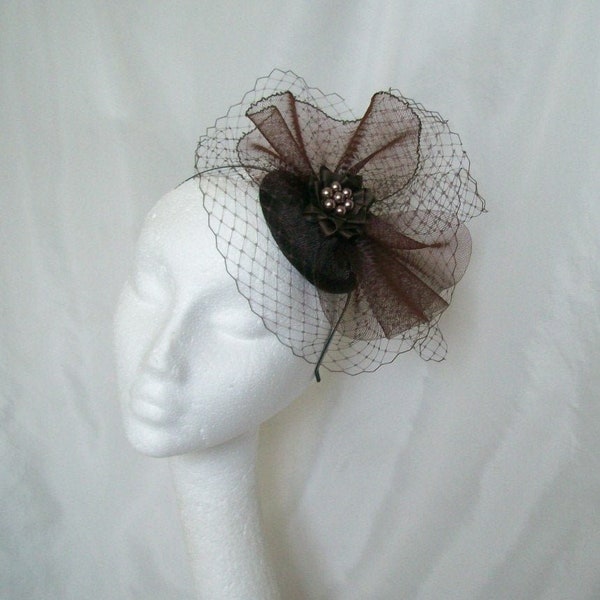 Brown Vintage Fascinator - Chocolate Mocha Veil Crinoline & Pearl Sinamay Steampunk Wedding Fascinator Mini Hat - Made to Order