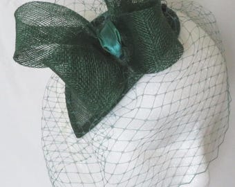 Dark Forest Green Vintage Bow and Veil Teardrop Handmade Fascinator Headpiece Mini Hat Wedding Races -Ready to Wear