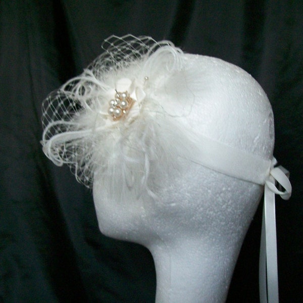 Ivory Flapper Band- Vintage Style Bridal Veil Fluff Feather & Pearl 1920's Style Ribbon Tie Headpiece  Great Gatsby - Made to Order