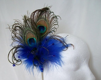 Royal Peacock Fascinator Sapphire Cobalt Blue Feather & Crystal Vintage Regency Wedding Hair Comb Headband -  Made To Order