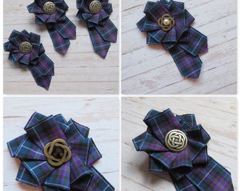 Pride of Scotland Tartan Ruffle Rosette Mini Brooch Pin Purple Scottish Highland Plaid Ribbon Wedding Buttonhole Corsage Gift- Made to Order
