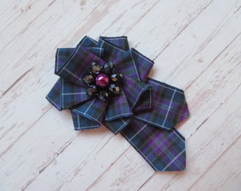 Pride of Scotland Tartan Ruffle Rosette Mini Brooch Pin Purple Scottish Highland Plaid Ribbon Wedding Buttonhole Corsage Gift- Made to Order