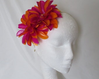 Bright Orange and Magenta Pink Vibrant Hibiscus Flower Vintage Rockabilly Style Head Band Hair Wedding Party Accessory - Made to Order