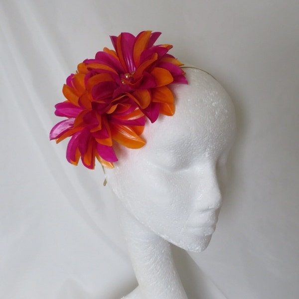 Bright Orange and Magenta Pink Vibrant Hibiscus Flower Vintage Rockabilly Style Head Band Hair Wedding Party Accessory - Made to Order