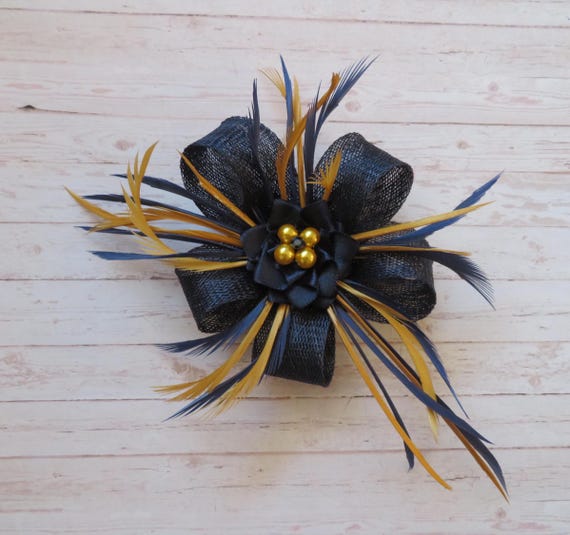 Small Navy Blue Mustard Harvest Gold Sinamay and Feather Pearls