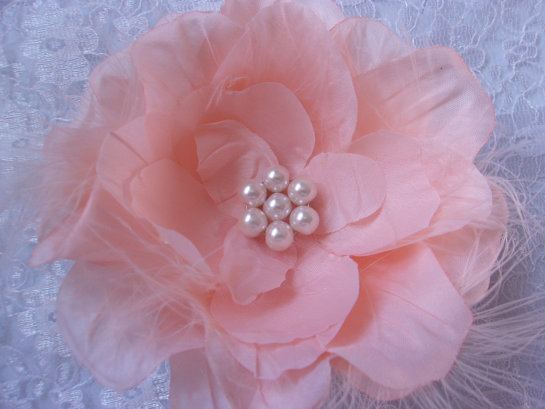 Ready Made Bright Peach Rose /& Feather Pearl Hair Clip Accessory Retro Boho Festival Flowers Vintage Wedding Prom