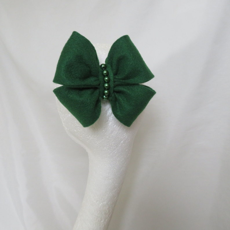 Forest Green Vintage Style Felt and Pearl Hair Bow Accessories Clip in Bows Retro Wedding Party Ready Made image 5