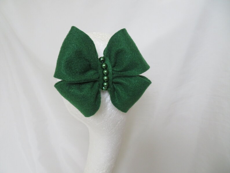 Forest Green Vintage Style Felt and Pearl Hair Bow Accessories Clip in Bows Retro Wedding Party Ready Made image 6