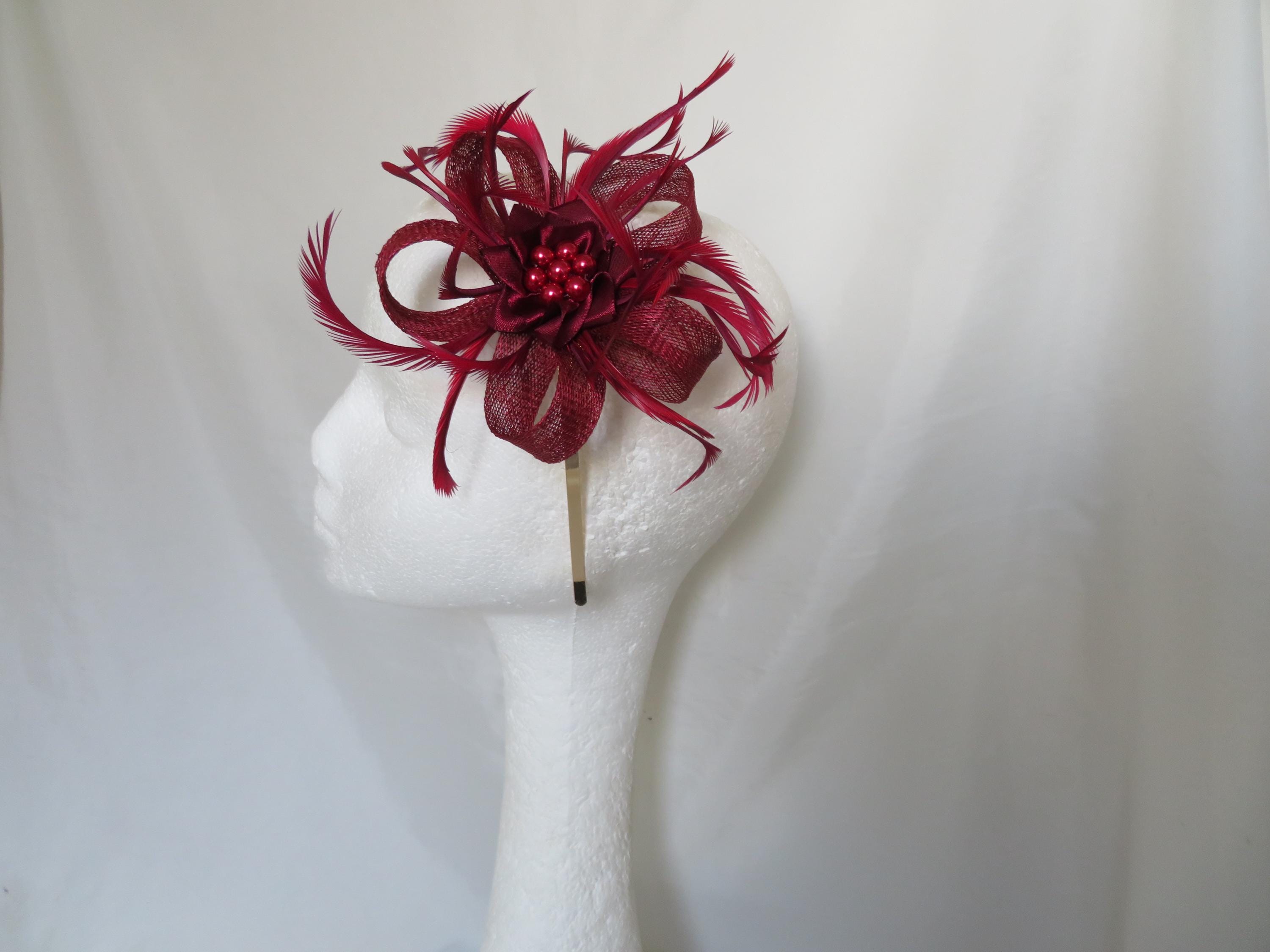 Plum wine faux pearl fascinator Parisian inspired Burgundy Berry Wine Sinamay Loop Feather Pearl Clip  main image 2