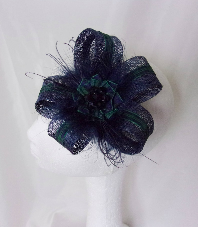 Scottish Burns Night Made to Order Navy Blue Fascinator Sinamay Loop with Blackwatch Tartan Mini Hair Clip Headpiece with Feathers