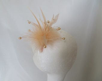 Small and Cute Peach Apricot Marabou Fluff Feather & Pearl Vintage Regency Wedding Mini Hair Comb Band Fascinator - Made to Order