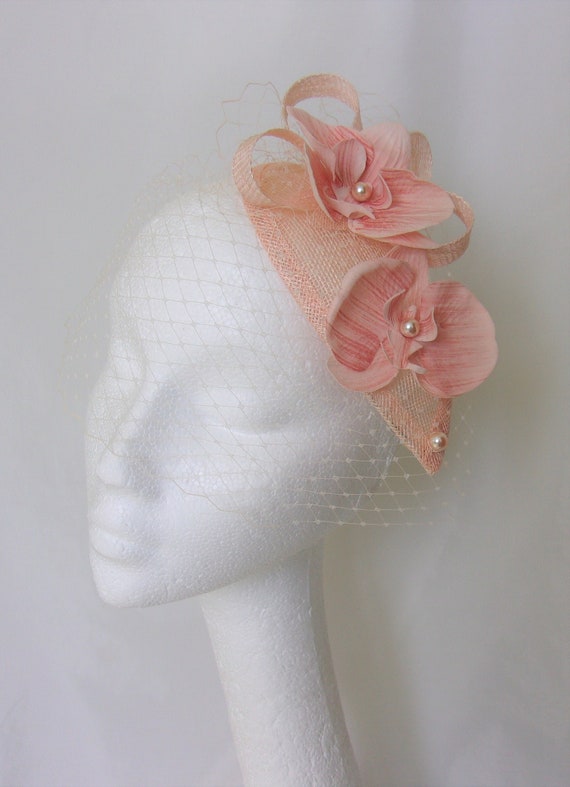 Pale Peach Flower Fascinator With Veil 