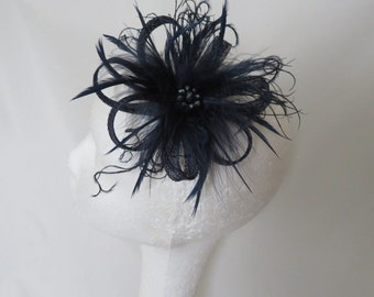 Dark Navy Blue Sinamay Loop & Feather Crystal Clip in Fascinator Mini Hat Headpiece Wedding Races Vintage Style - Ready Made