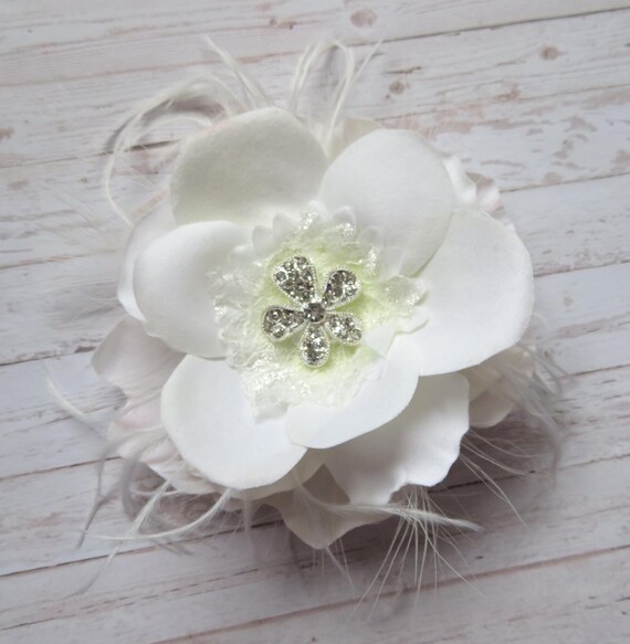 Ivory Rose Hair Clip Feather Rhinestone & Flower Retro  display picture 3