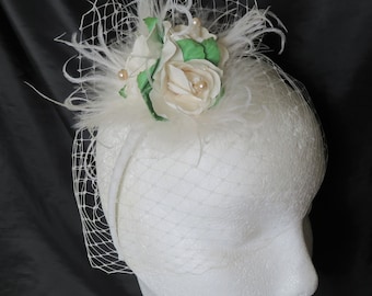 Small Childs Ivory Rose Headband Fascinator Retro Vintage Style Headpiece Roses and a Veil - Bridal Wedding Flower Girl Child - Ready Made