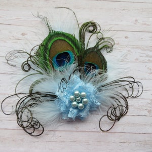 Pale Ice Blue Peacock Feather & Pearl Small Vintage Hair Clip Fascinator or Vintage Style Flapper Band Gift Gifts Made to Order image 5