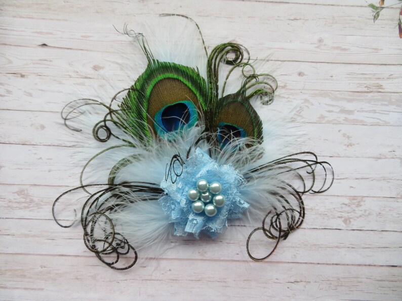 Pale Ice Blue Peacock Feather & Pearl Small Vintage Hair Clip Fascinator or Vintage Style Flapper Band Gift Gifts Made to Order image 5