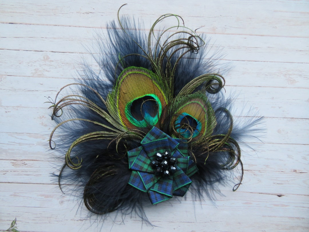 Navy Tartan Hair Clip Fascinator Dark Blue Blackwatch Feather