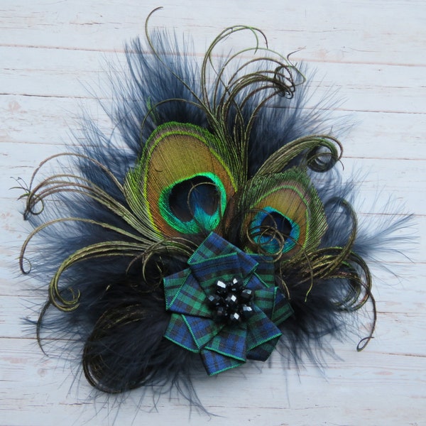 Navy Tartan Haarspange Fascinator Dunkelblau Blackwatch Feder & Kristall Kopfschmuck - Brennt die Nacht Schottische Geschenk Geschenke - auf Bestellung
