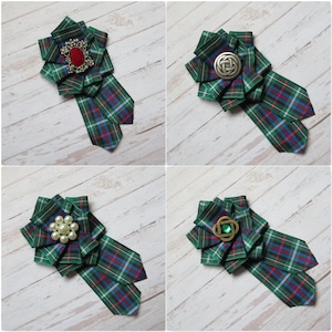 Rose Tartan Ruffle Rosette Mini Brooch Pin Scottish Highland Plaid Ribbon Green Pearl Celtic Wedding Buttonhole Corsage Gift - Made to Order