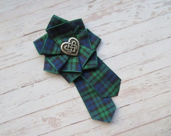 Black Watch Tartan Ruffle Rosette Celtic Heart Button Brooch Pin Scottish Plaid Ribbon Wedding Valentine Gift Buttonhole Corsage -Ready Made