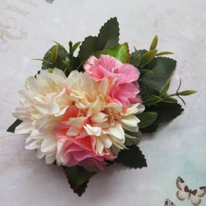 Small Coral Cream Green Foliage and Peach Flower Cluster Vintage Rockabilly Clip In Hair Wedding Accessory Fascinator - Ready Made