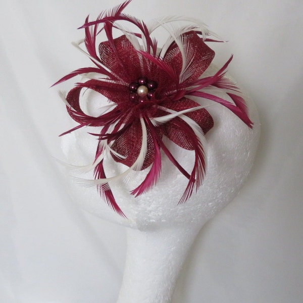 Burgundy Berry Wine and Ivory Cream Sinamay Loop Feather Pearl Clip Fascinator Mini Hat Headpiece Wedding Plum Claret- Made to Order