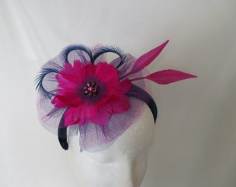 Navy Blue and Raspberry Magenta Flower Tulle & Feather Headband - Vintage Retro Halo Padded Velvet Band - Wedding Ascot - Ready Made