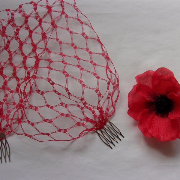 Scarlet Cherry Red Vintage Waffle Weave 1940's - 1950's Style Birdcage Bandeau Brides Wedding Bridal Veil - Made to Order