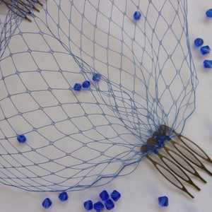 Royal Sapphire Blue Birdcage Bandeau Wedding Bridal Brides Veil Classic Vintage Style - Comb Attachment - Made to Order