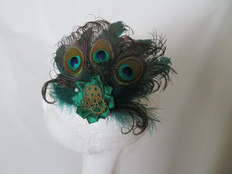 Bottle Green Peacock Feather and Pearl Steampunk Rustic Mini Hair Clip Fascinator Headpiece Gift Racing Hunter Wedding Made to Order image 9